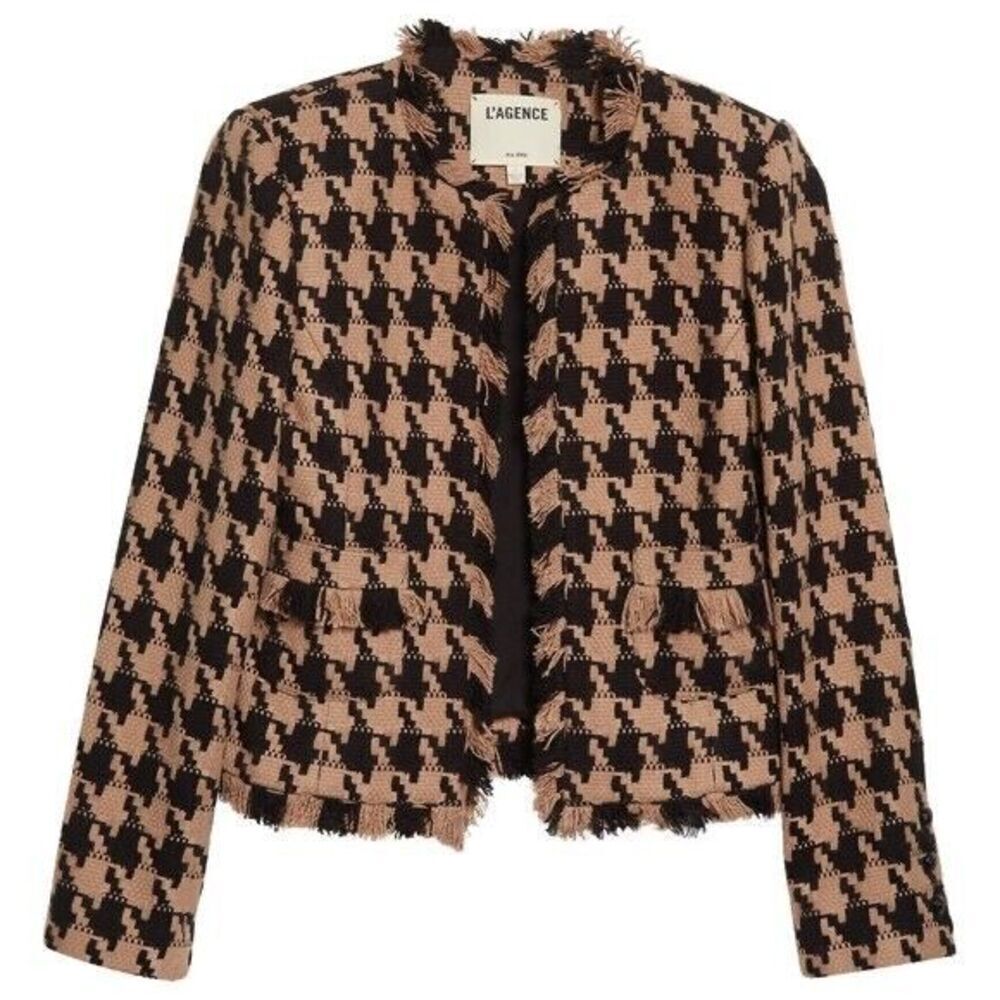 NWT L'AGENCE Angelina Houndstooth Open Front Blazer in Cappuccino Black Brown - Picture 5 of 16